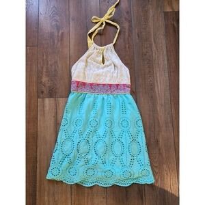 Flying Tomato Boutique Womens M Lace‎ Embroidered Boho Eyelet Halter Tie Dress